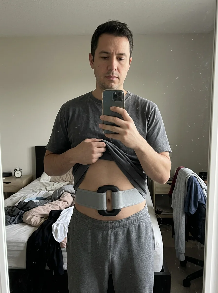 Customer-style mirror photo of CorePulse worn with the waist strap.