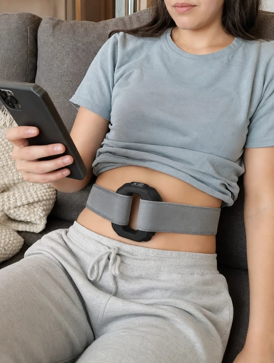 A creator wears CorePulse on the couch while using a phone.