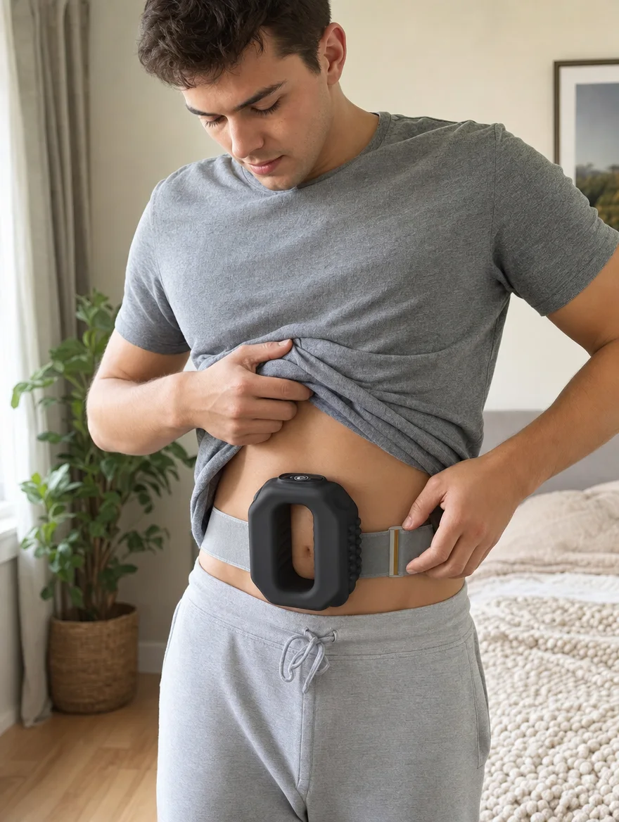 A creator straps the Movara CorePulse Ring around his waist at home.